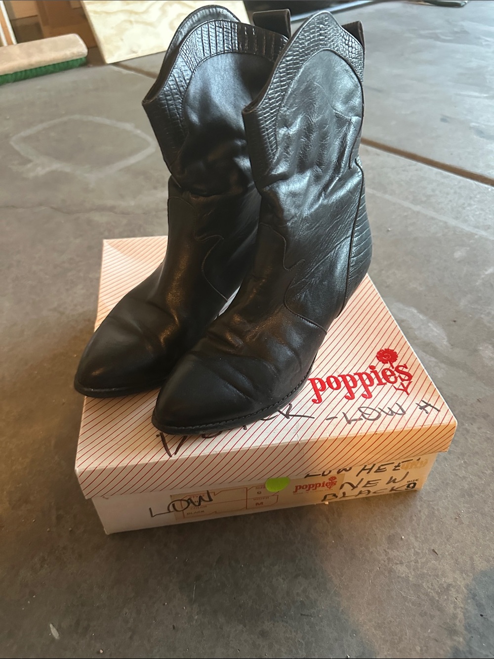 Vintage Poppies Black Leather Western Heeled Ankle Boots